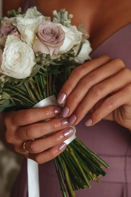 Close-up of bride’s hands tying a ribbon on her bouquet, nails in pale mauve with chrome pearl topcoat and minimal gold line art