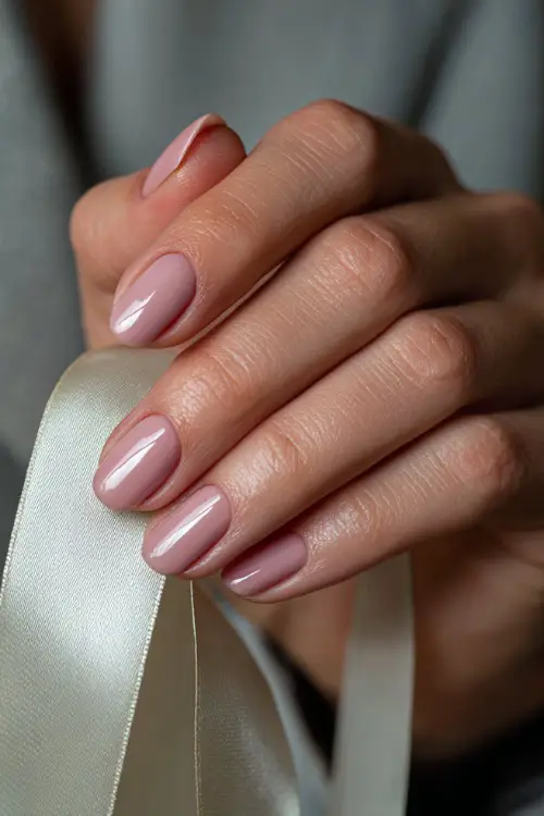 Close-up of bridesmaid’s hand holding a silk ribbon, short almond nails in soft blush pink with glossy finish and micro gold beads on each ring finger 