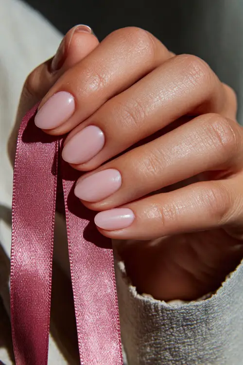 Close-up of bridesmaid’s hand holding a silk ribbon, short almond nails in soft blush pink with glossy finish and micro gold beads on each ring finger 