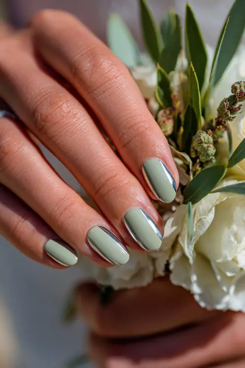 Close-up of bridesmaid’s hand placing a corsage, almond nails in soft sage green with a silver chrome line across each tip