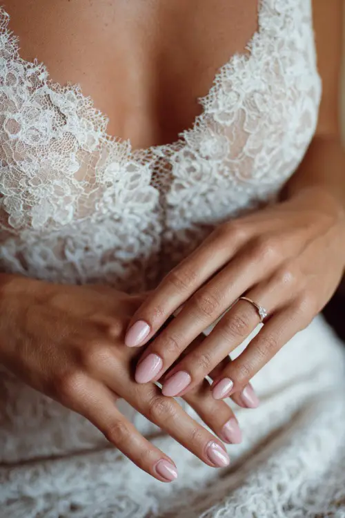 Close-up of elegant bride’s hands resting gently on a lace wedding dress, soft blush pink almond-shaped nails with delicate floral designs 