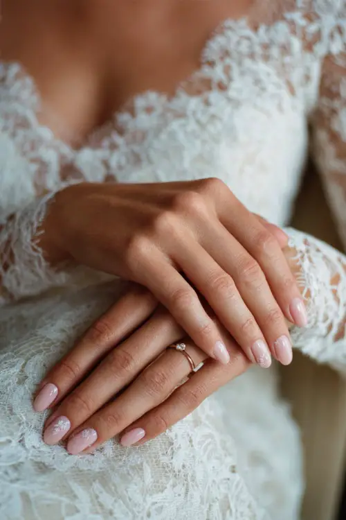 Close-up of elegant bride’s hands resting gently on a lace wedding dress, soft blush pink almond-shaped nails with delicate floral designs