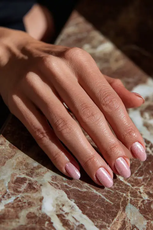 Close-up of guest’s hand on marble table, short oval nails in pastel pink with rose gold glitter dusting across the top half of each nail 