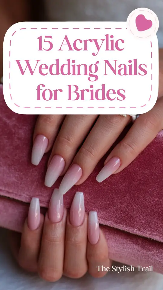 Close-up of hands with long acrylic nails in a pink to white ombre design, resting on a soft pink velvet clutch