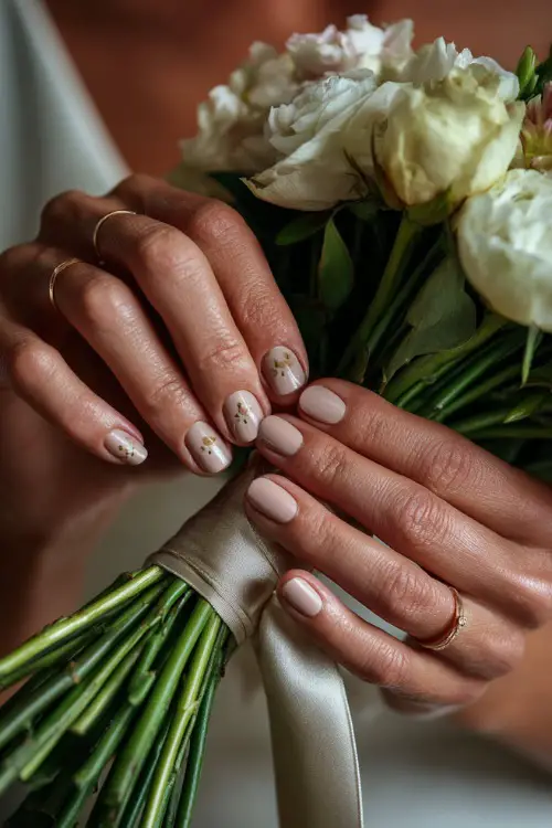 Close-up shot of bride’s hands wrapping a bouquet stem with ribbon, soft milky white nails with tiny floral decals