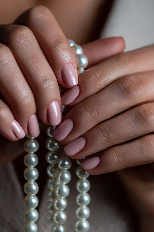 Elegant bridal hand holding a pearl necklace, nails painted soft blush pink with micro shimmer and a single Swarovski crystal per nail