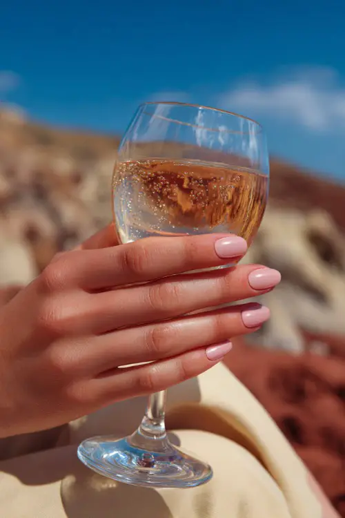Elegant guest holding iced drink, short oval nails in soft blush pink with white daisies on the ring finger, sunny outdoor background 
