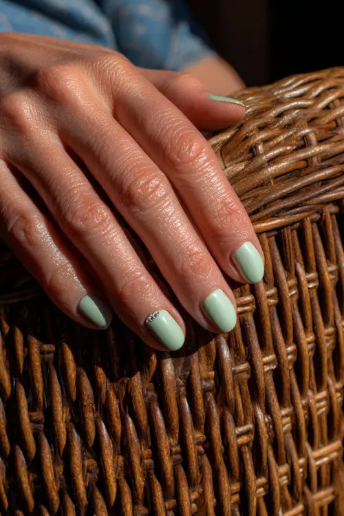 Elegant guest’s hand resting on a woven chair, short rounded nails in pastel green with a chrome topcoat and small crystal accent 