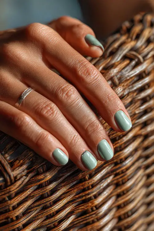 Elegant guest’s hand resting on a woven chair, short rounded nails in pastel green with a chrome topcoat and small crystal accent