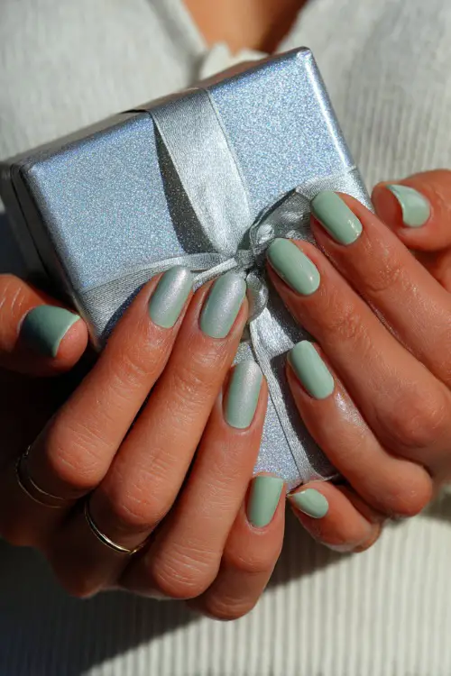 Elegant hand holding a gift box, short ballerina nails in pale green with chrome dust on the tips and silver foil flakes
