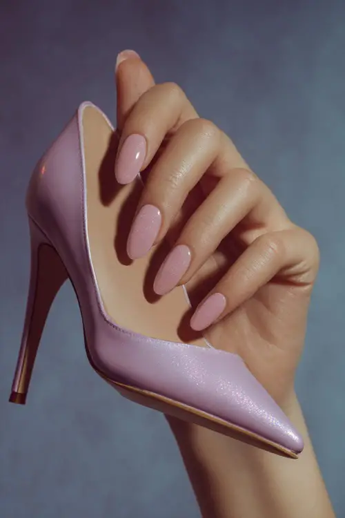 Elegant hand reaching for silk heels, almond nails in pastel mauve with glitter fade toward the base and smooth gloss topcoat 