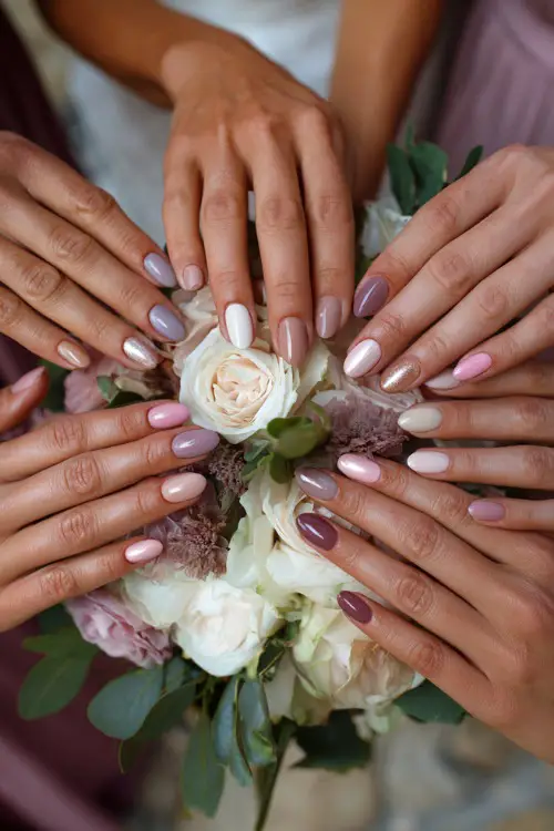 Group of bridesmaids’ hands reaching into a bouquet, coordinated nails in soft mauve, champagne shimmer, and pale lavender shades, mix of oval and round shapes