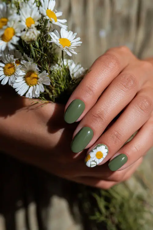 Guest’s fingers gently touching a bouquet stem, medium almond nails in dusty green with one nail featuring white daisy art 