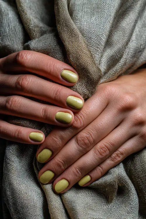 Guest’s fingers placed on silk scarf, rounded nails in soft lime shimmer polish with a pearlescent finish, daylight highlighting the texture 