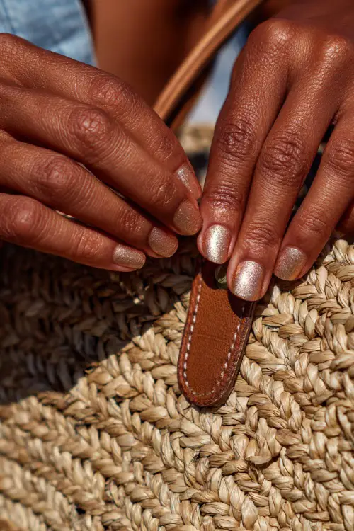Guest’s hand adjusting a straw bag strap, short soft beige nails with gold chrome French tips and glossy finish, bright sunlight setting