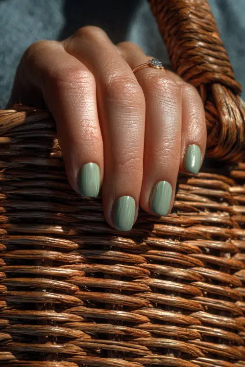 Guest’s hand beside a wicker bag, rounded nails in sage green with pearl chrome overlay and a mini crystal charm on the index finger 