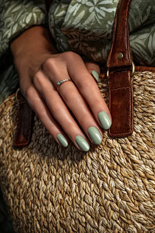 Guest’s hand beside a wicker bag, rounded nails in sage green with pearl chrome overlay and a mini crystal charm on the index finger 