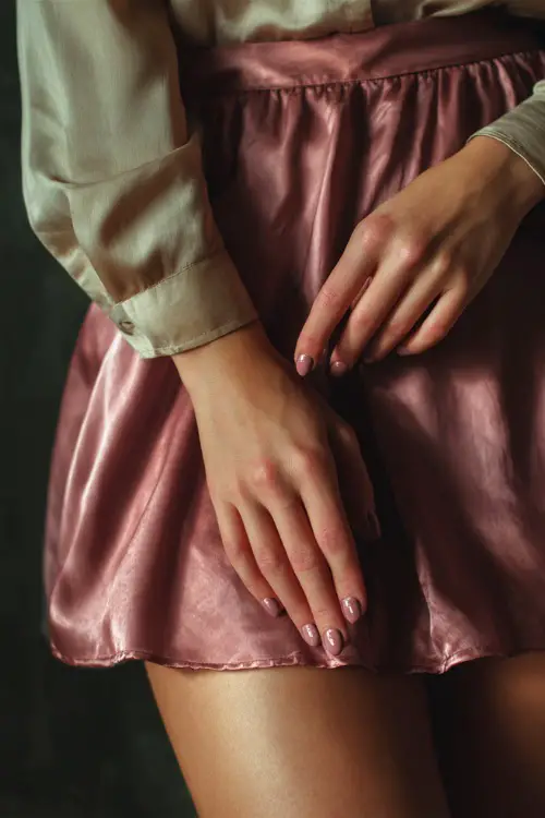 Guest’s hand brushing a chiffon skirt, short rounded nails in dusty rose with a satin finish and minimal pearl dot near the base 
