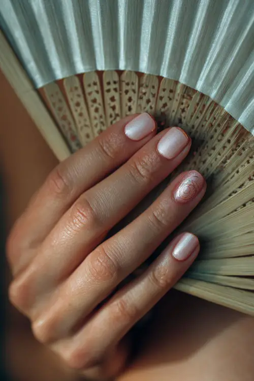 Guest’s hand holding a silk fan, short square nails in soft ivory with a matte finish and one nail featuring a tiny rose gold swirl 