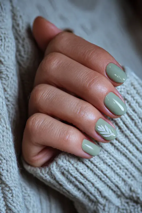 Guest’s hand on white linen, short almond nails in soft sage green with glitter fade and small white leaf decal on the ring finger