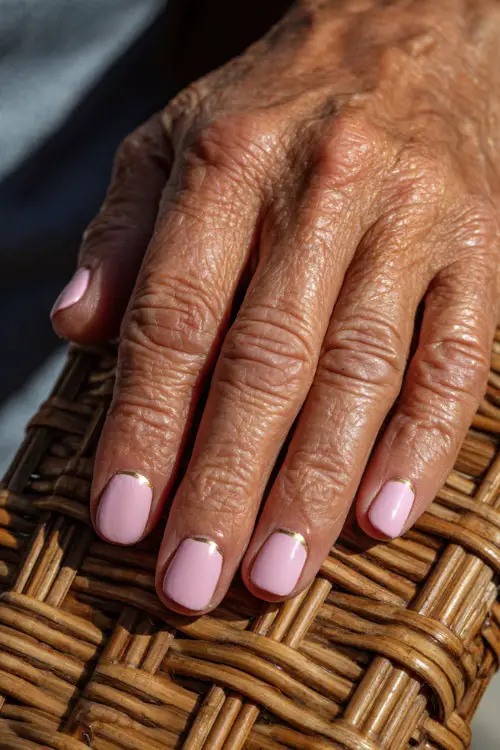 Guest’s hand resting on a rattan chair armrest, square nails in pastel pink with a subtle chrome sheen and minimalist gold striping on two fingers 