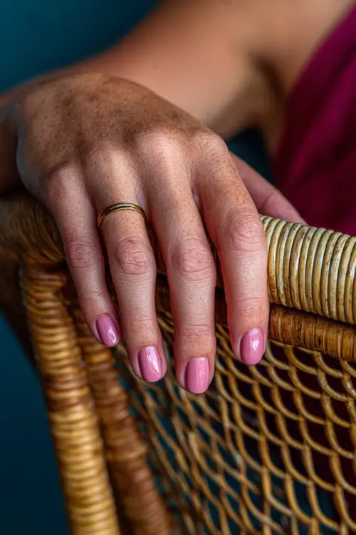 Guest’s hand resting on a rattan chair armrest, square nails in pastel pink with a subtle chrome sheen and minimalist gold striping on two fingers 
