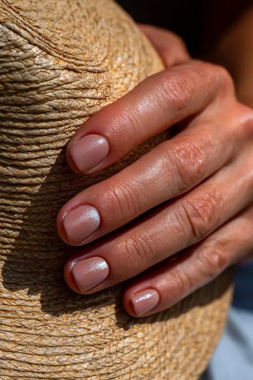 Guest’s hand resting on a straw hat, short square nails in soft blush pink with subtle silver foil on the ring fingers, perfect for an outdoor garden wedding 
