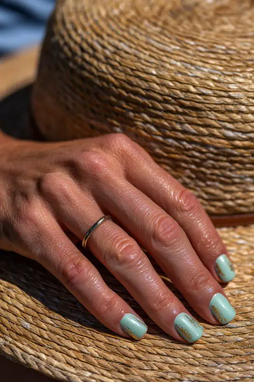 Guest’s hand resting on a woven sunhat, medium square nails painted in pastel mint green with thin gold lines and shimmer topcoat 