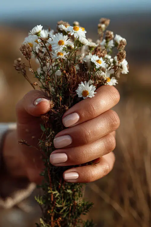 Hand holding a bouquet of wildflowers, short square nails in soft rose beige with dainty white flowers on two fingers, romantic outdoor lighting 