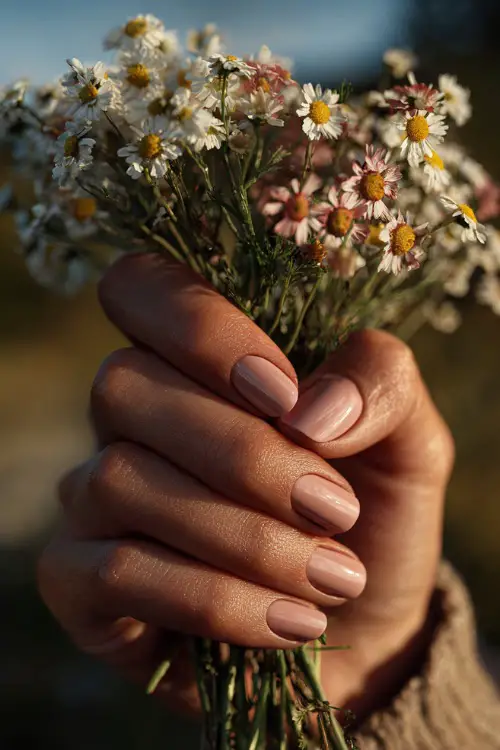 Hand holding a bouquet of wildflowers, short square nails in soft rose beige with dainty white flowers on two fingers, romantic outdoor lighting 