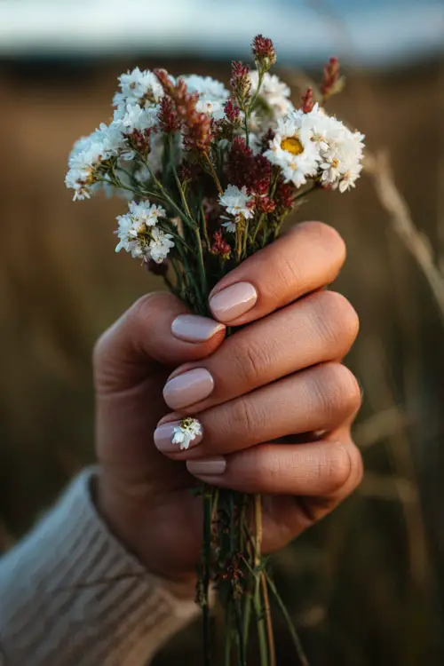 Hand holding a bouquet of wildflowers, short square nails in soft rose beige with dainty white flowers on two fingers, romantic outdoor lighting 