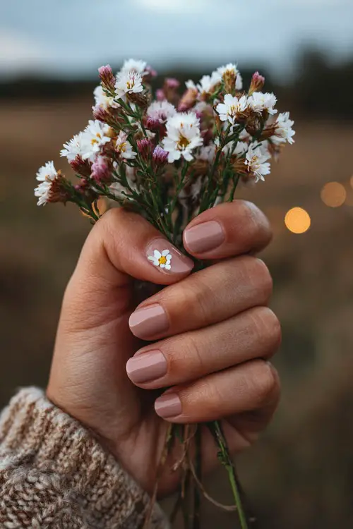 Hand holding a bouquet of wildflowers, short square nails in soft rose beige with dainty white flowers on two fingers, romantic outdoor lighting