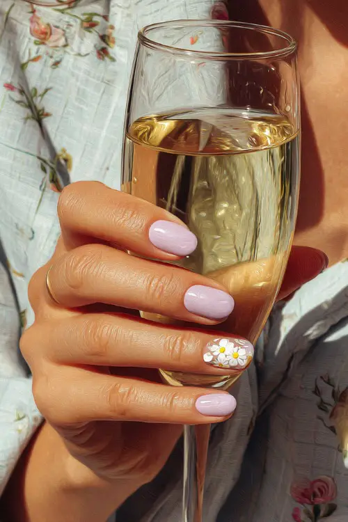 Hand holding a champagne flute, short almond nails in pastel lilac with shimmer overlay and one white floral decal on the thumb 