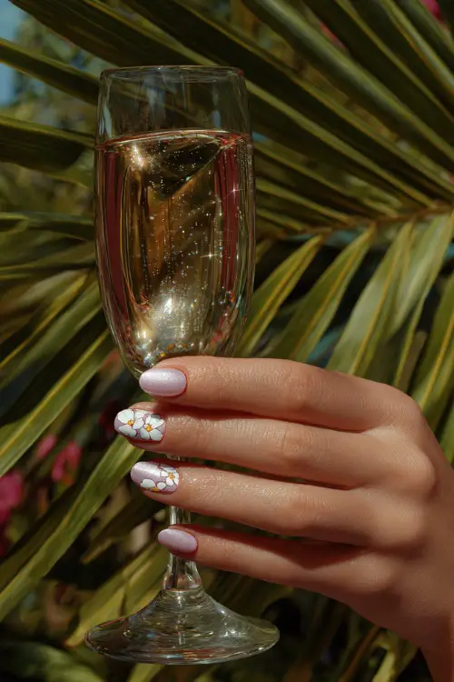 Hand holding a champagne flute, short almond nails in pastel lilac with shimmer overlay and one white floral decal on the thumb
