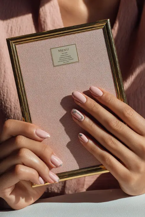 Hand holding a gold-framed menu card, elegant square nails in light pearl pink with tiny silver gems arranged in a cuticle crescent