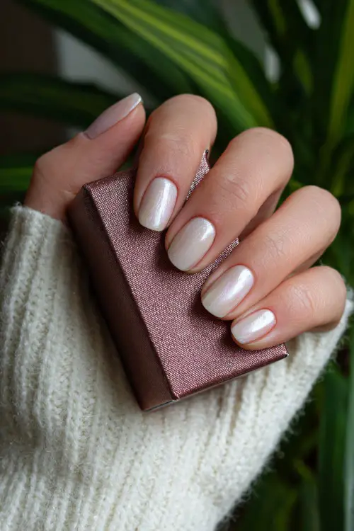 Hand holding small gift box, classic ballerina nails in pearl blush with one nail in subtle white floral stamping