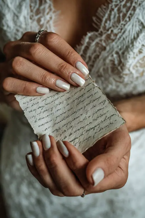 Hand of bride holding handwritten vows, square acrylic nails painted milky white with a glossy glass-like finish and subtle shimmer 