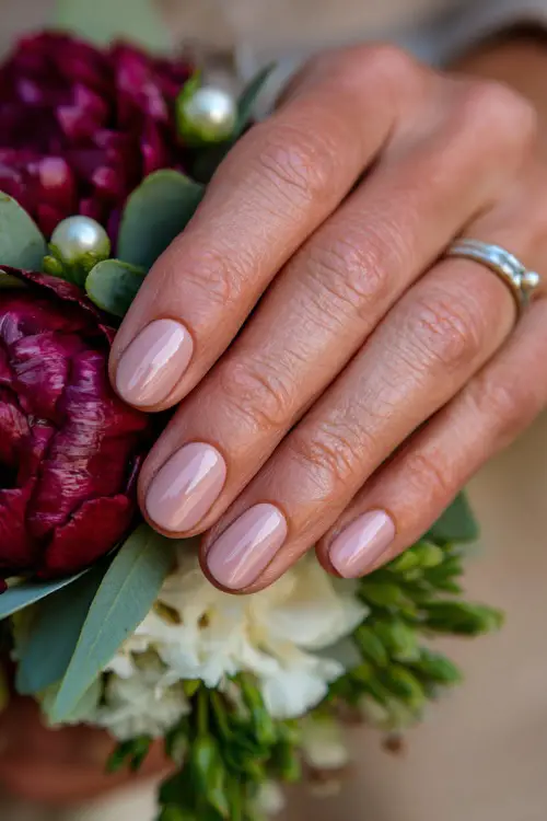 Hand of bridesmaid resting on floral corsage, classic rounded nails in soft pink-beige with a satin finish and delicate pearl dot at the base