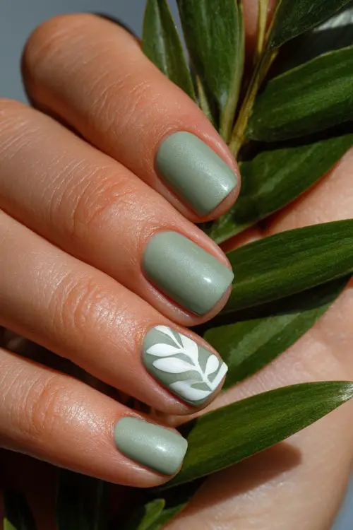 Hand placing a corsage, elegant square nails in pastel sage green with a shimmer topcoat and one white leaf decal 