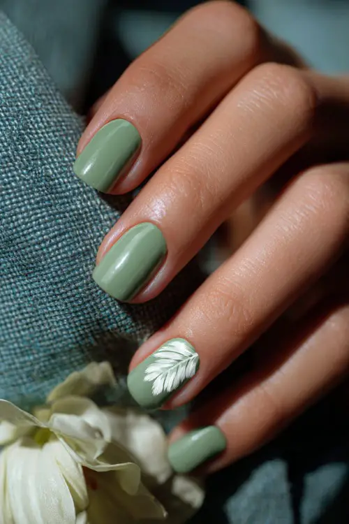 Hand placing a corsage, elegant square nails in pastel sage green with a shimmer topcoat and one white leaf decal 
