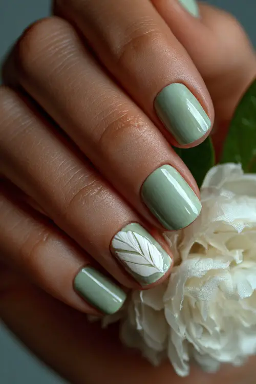 Hand placing a corsage, elegant square nails in pastel sage green with a shimmer topcoat and one white leaf decal