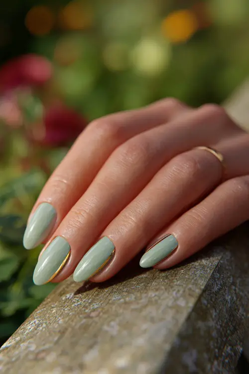 Hand resting on a garden table, almond nails in pastel sage green with minimal gold striping and clear gloss finish 