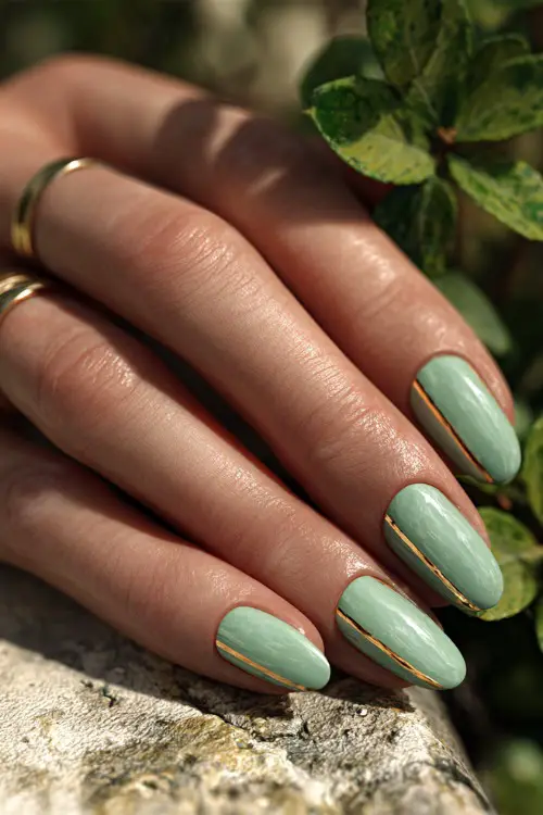 Hand resting on a garden table, almond nails in pastel sage green with minimal gold striping and clear gloss finish