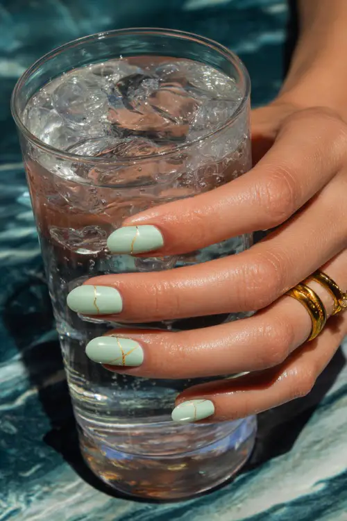 Holding a glass of iced water, short ballerina nails in seafoam green with minimalist gold line art along the sides of each nail