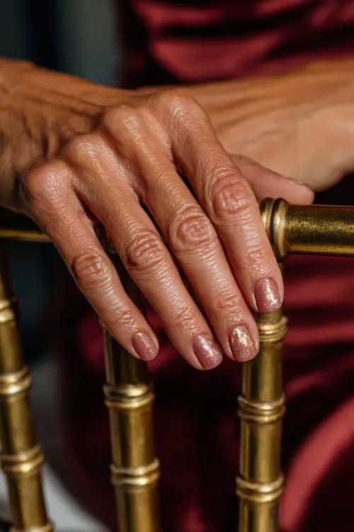 Soft close-up of bridesmaid’s hand resting on a gold chair frame, short square nails in warm blush with metallic gold foil flakes on two nails 