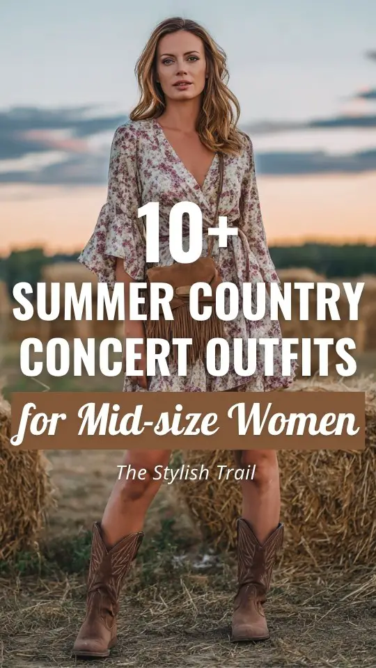 a midsize woman wears a floral dress with brown cowboy boots to a summer country concert