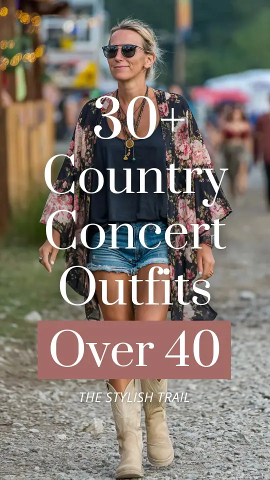 a woman over 40 wears a black top, denim shorts and cowboy boots for country concert