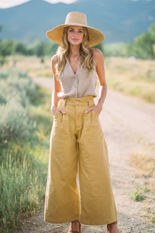 a woman over 40 wears a summer country concert outfit with a neutral sleeveless top and a mustard pants