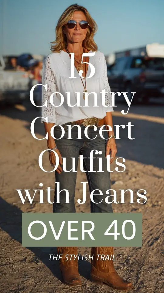 a woman over 40 wears a white shirt, jeans and cowboy boots for country concert