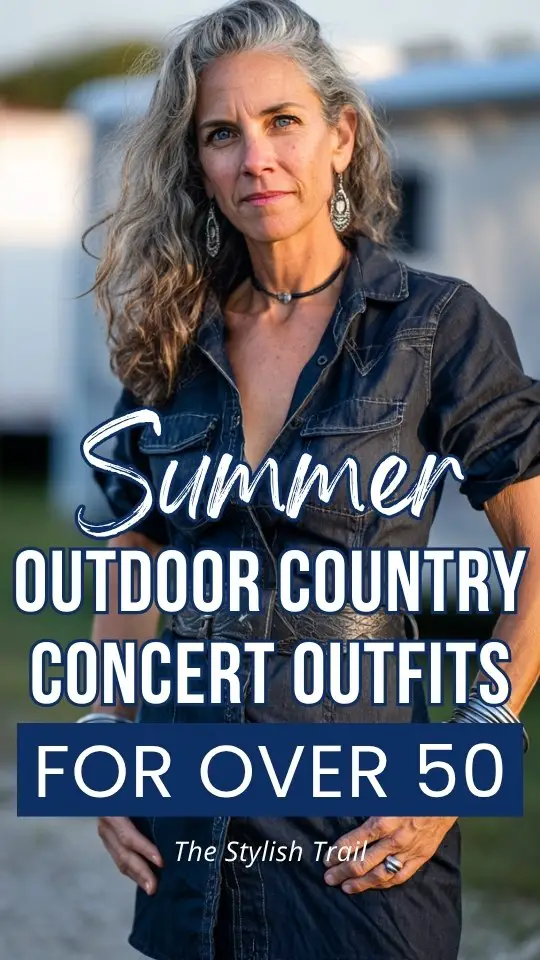 a woman over 50 wears a denim dress for an outdoor summer country concert